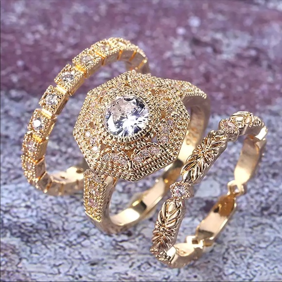 Luxury 3 PC Set Noble Royal Gold Plated Ring New - Picture 4 of 6